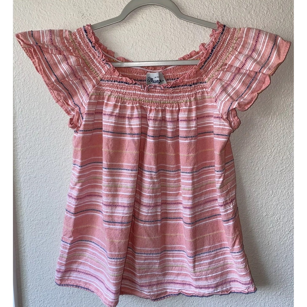 Wrangler Blouse Peach Stripe Smocked  Medium Flutter Sleeve Western Rodeo